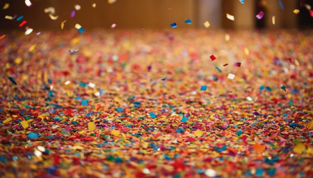 Colorful confetti on the floor in the room, party backgroundの素材