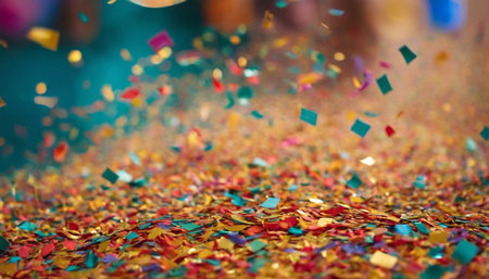 colorful confetti and tinsel on blur background with bokehの素材