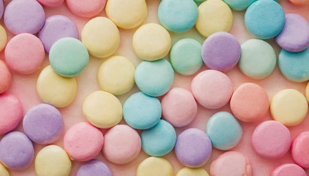 Close up of colorful macaroons in pastel colors. Top view.の素材