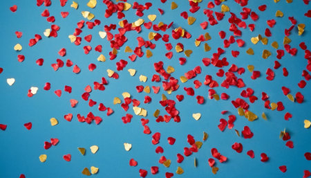 Red and gold hearts confetti on a blue background. Flat lay, top viewの素材