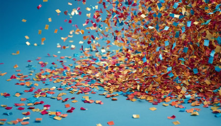 Colorful confetti on a blue background. Festive background.の素材