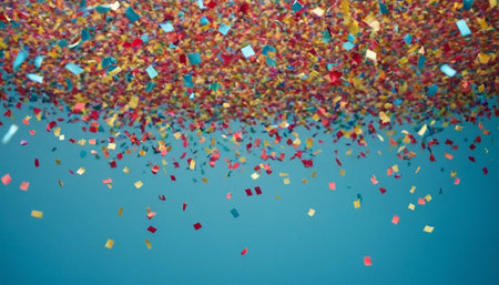 Colorful confetti on blue background. Festive abstract background.の素材