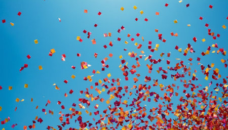 Colorful paper confetti flying in the blue sky, celebration conceptの素材