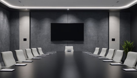 Conference room interior with blank screen on the wall. 3D Renderingの素材