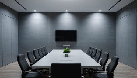 Conference room interior with black chairs and table. 3D Renderingの素材