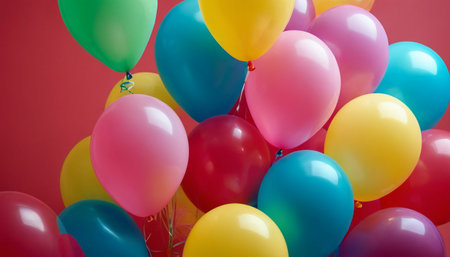 Colorful balloons on a red background with copy space for text.の素材