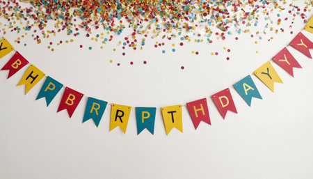 birthday party decoration with confetti and sparkles on white backgroundの素材