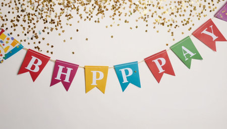 Happy birthday party with colorful flags and confetti on white background.の素材