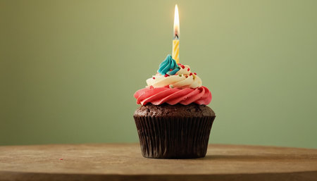 Birthday cupcake with candle on wooden table and green background.の素材