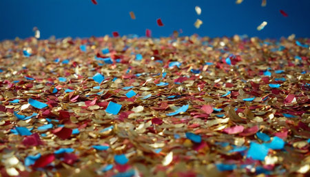 golden confetti on a blue background close-up, shallow depth of fieldの素材