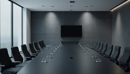Conference room interior with empty black chairs. 3D Renderingの素材
