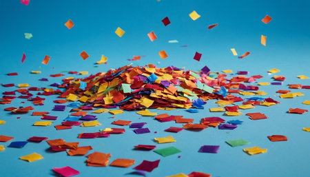 Colorful confetti on a blue background.  Shallow depth of field.の素材