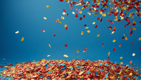 Colorful confetti and balloons on the ground in a party.の素材