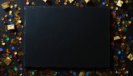 Blank blackboard and colorful confetti on dark background, top viewの素材