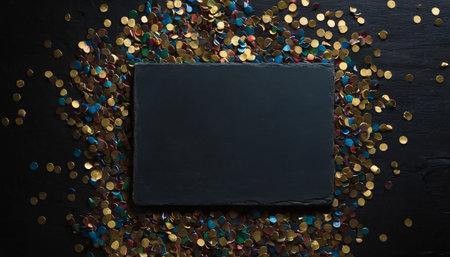 Top view of black slate board and colorful confetti on black backgroundの素材