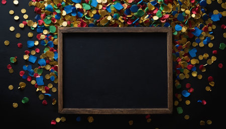 Blank blackboard with colorful confetti on dark background, top viewの素材