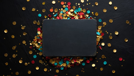 Blank blackboard with confetti on black background, top viewの素材