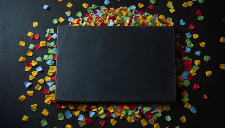 Black slate board with colorful confetti on black background, top viewの素材
