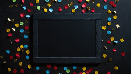 Black chalkboard with colorful confetti on black background, top viewの素材