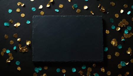Blank black chalkboard with gold confetti on black background.の素材