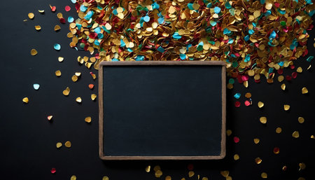 Chalkboard and colorful confetti on black background, top viewの素材
