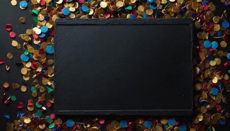 Blank black chalkboard with colorful confetti on black background.の素材