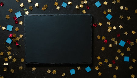 Black slate board and colorful confetti on dark background, top viewの素材