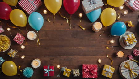 Top view of birthday presents and candles on wooden table with copy spaceの素材