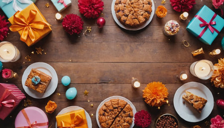Top view of table with different gifts and candies on wooden background.の素材