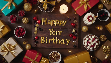 Happy New Year and Merry Christmas greeting card with gift boxes, berries, nuts and candles.の素材