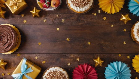 top view of birthday cake with decoration and gift box on wooden tableの素材