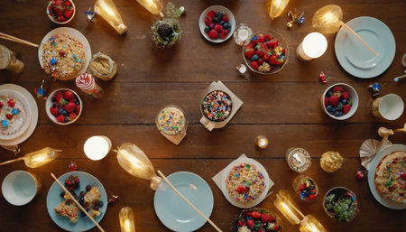 Overhead view of festive table setting with cupcakes, muffins and candiesの素材