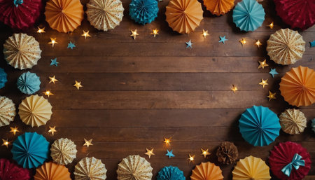 Colorful Christmas decoration on wooden background. Top view with copy spaceの素材