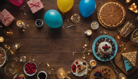 Top view of birthday party table with sweets, balloons and presents on wooden tableの素材