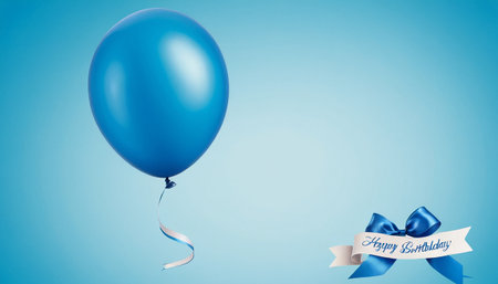 Blue balloon with ribbon and bow on blue background with text Happy Birthdayの素材