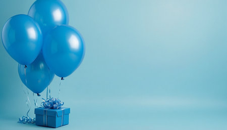 Blue balloons and gift box on blue background with copy space for textの素材