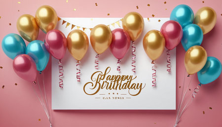 Happy Birthday Greeting Card with Balloons and Confetti on Pink Backgroundの素材