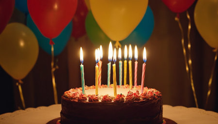 Birthday cake with burning candles and balloons. Selective focus.の素材