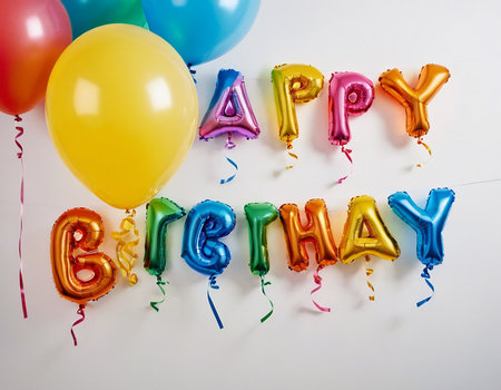 Happy birthday balloons with colorful ribbons and confetti on white backgroundの素材