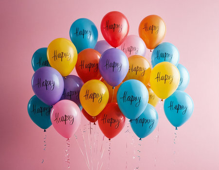 Colorful balloons with happy birthday message on pink background. Holiday conceptの素材