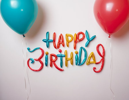 Happy birthday card with colorful balloons on white background. Flat lay.の素材