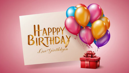 Happy birthday card with red gift box and balloons. Vector illustration.の素材