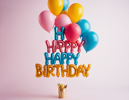 Happy Birthday card with colorful balloons, cake and candles on pink backgroundの素材