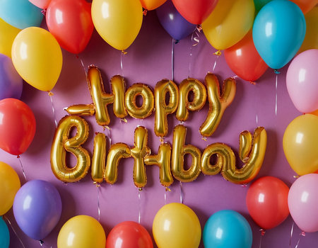 Happy birthday lettering with balloons on purple background. Top view.の素材