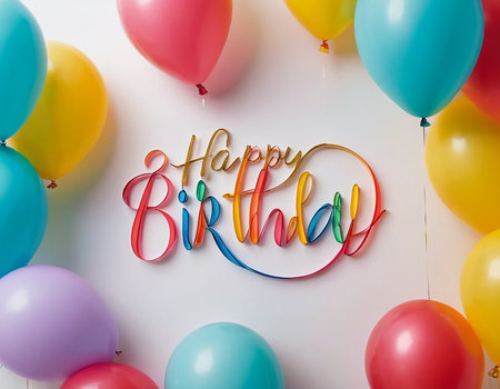 Happy Birthday lettering with colorful balloons on white background. Greeting cardの素材