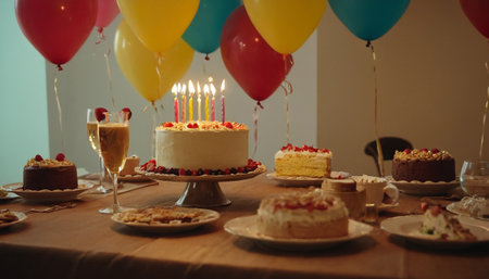 Birthday cake with candles and balloons on table in restaurant. Selective focusの素材