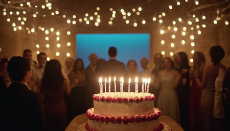 Wedding cake with burning candles on the background of the crowd.の素材