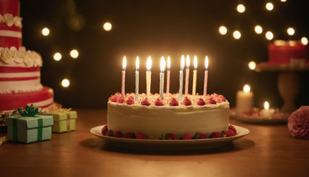 Birthday cake with candles and gifts on wooden table with bokeh backgroundの素材