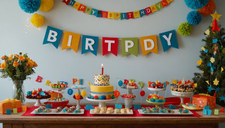 Birthday Cake Decorated with Colorful Party Flags and Candlesの素材