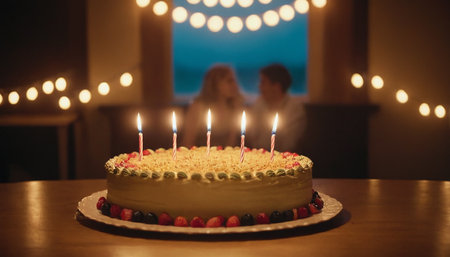 Birthday cake with burning candles on table with blurred couple in backgroundの素材